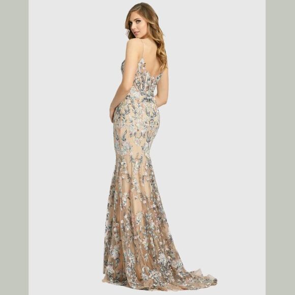 Mac Duggal‎ Size 12 Floral Embroidered Spaghetti Strap Trumpet Gown Maxi Dress - Picture 3 of 11